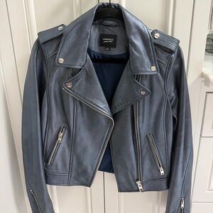 Lamarque Donna Biker Leather Jacket Metallic Blue Gray Moto Jacket